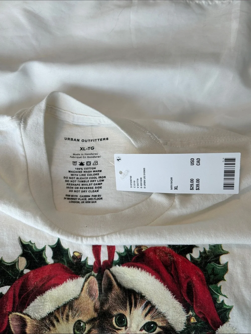 Urban Outfitters White Holiday Cat Tee with Red & Green Kitten Graphic